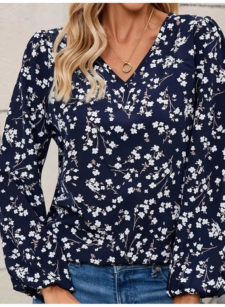 Kadın Uzun Kollu V Yakalı çiçek Desenli Modal Bluz