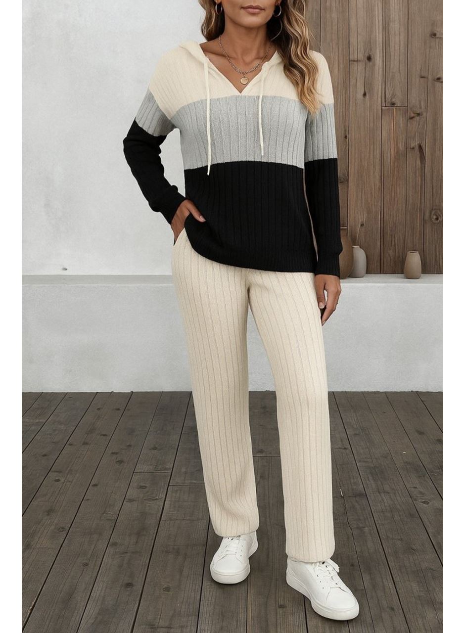 Kadın Uzun Kollu Kapşonlu Bağcıklı Blok Renkli şardonlu Kaşkorse Bluz Ve Pantolon Ikili Takım