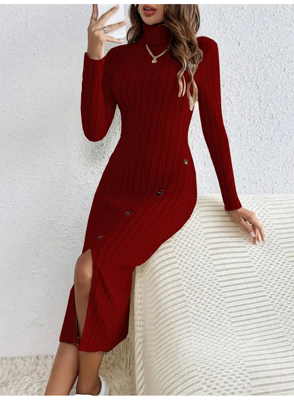 Kadın Uzun Kollu Balıkçı Yaka Yırtmaçlı Düğmeli şardonlu Kaşkorse Elbise