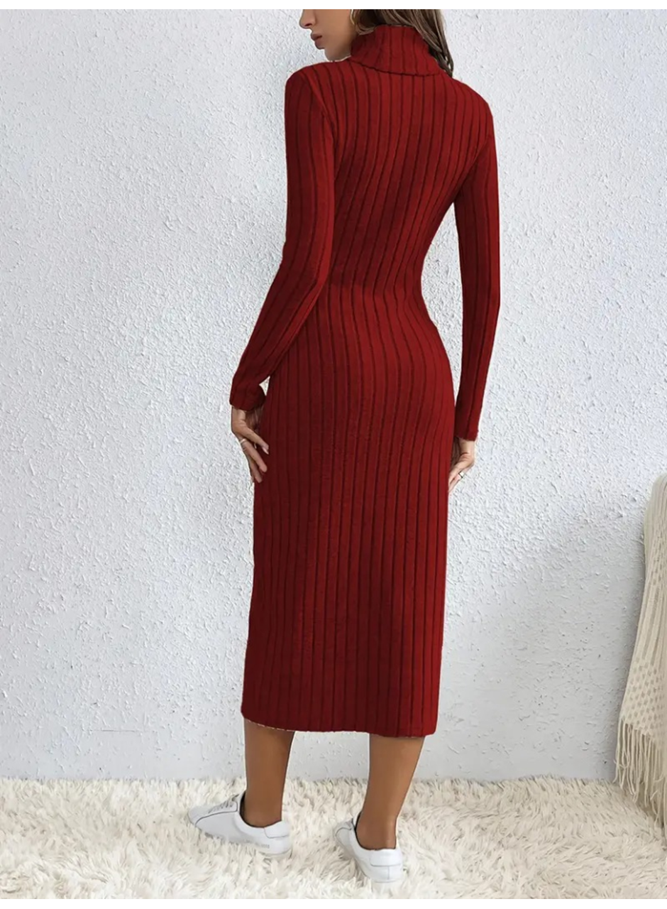 Kadın Uzun Kollu Balıkçı Yaka Yırtmaçlı Düğmeli şardonlu Kaşkorse Elbise