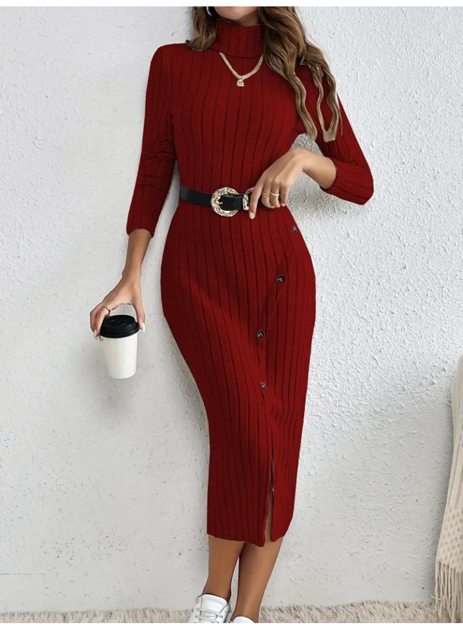 Kadın Uzun Kollu Balıkçı Yaka Yırtmaçlı Düğmeli şardonlu Kaşkorse Elbise