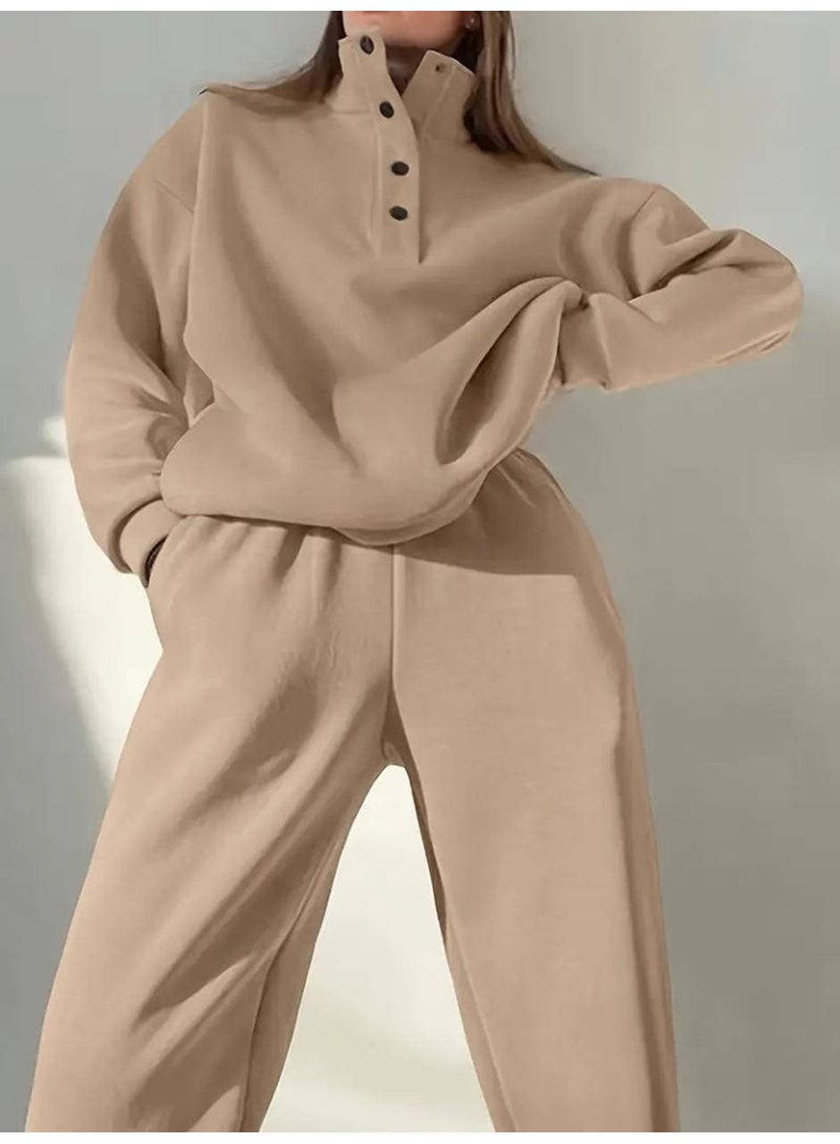 Kadın Uzun Kollu Balıkçı Dik Yakalı Düğmeli üç Iplik Bluz Ve Pantolon Ikili Takım