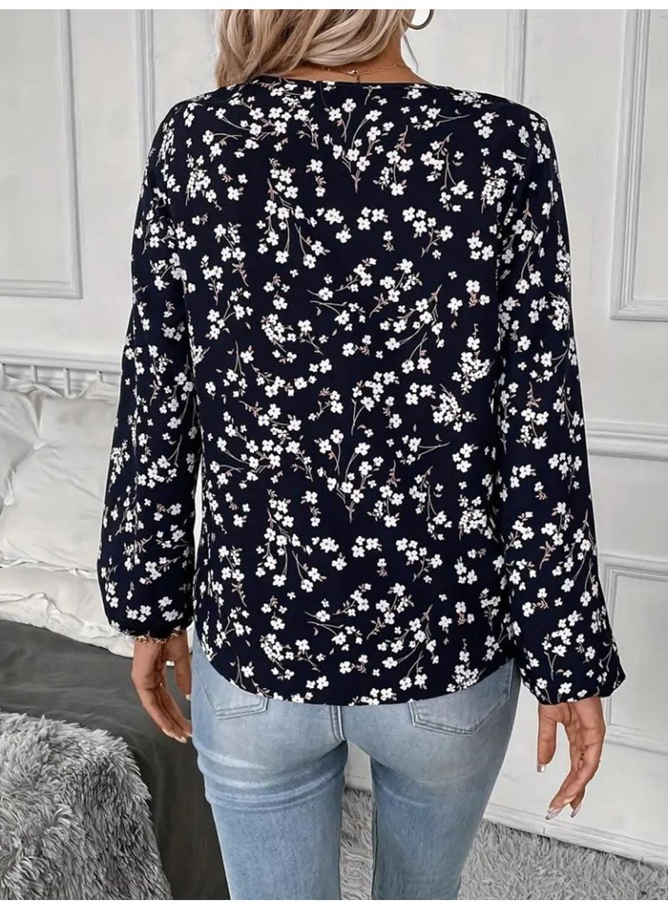 Kadın Uzun Kollu V Yakalı çiçek Desenli Modal Bluz