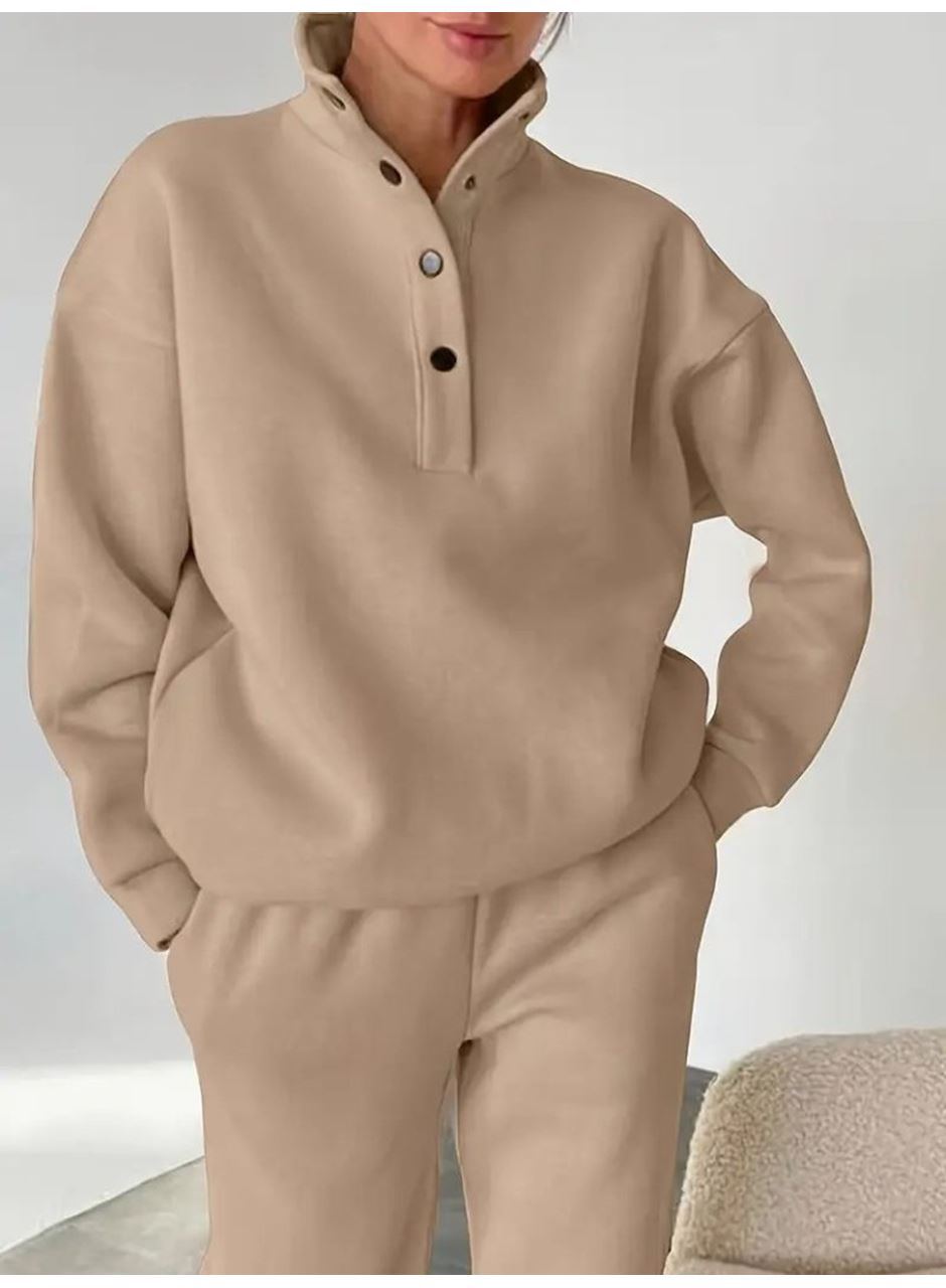 Kadın Uzun Kollu Balıkçı Dik Yakalı Düğmeli üç Iplik Bluz Ve Pantolon Ikili Takım