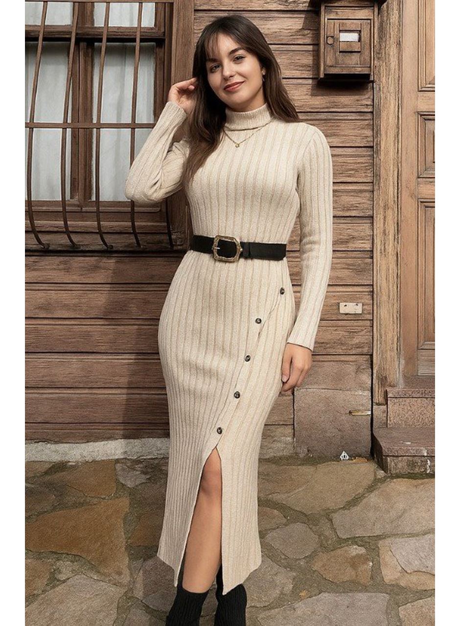 Kadın Uzun Kollu Balıkçı Yaka Yırtmaçlı Düğmeli şardonlu Kaşkorse Elbise