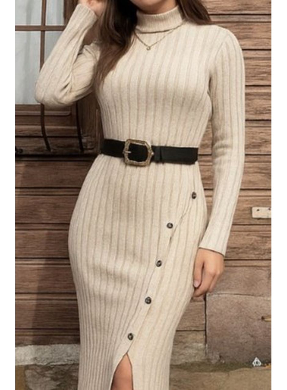 Kadın Uzun Kollu Balıkçı Yaka Yırtmaçlı Düğmeli şardonlu Kaşkorse Elbise