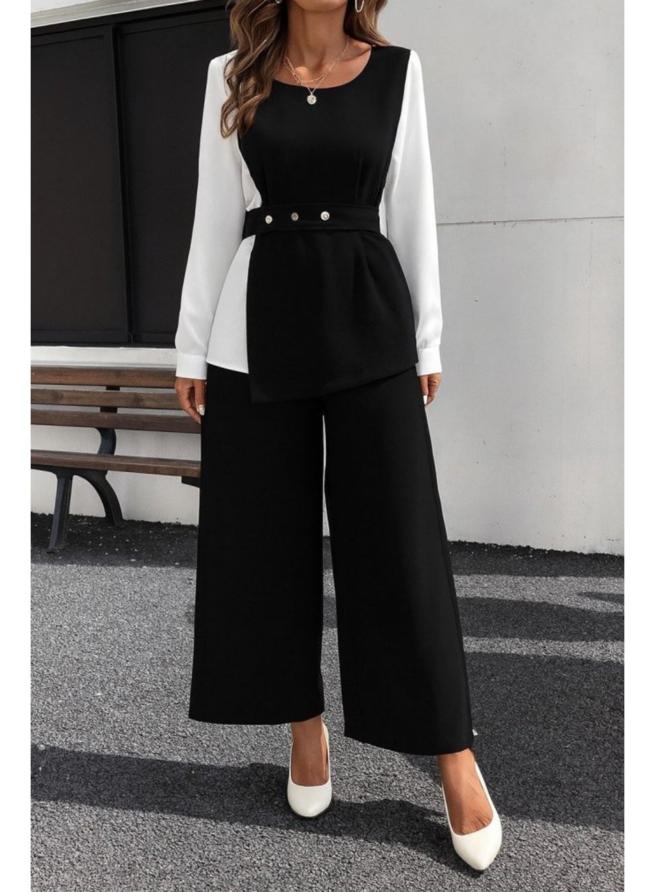 Kadın Uzun Kollu Açık Yakalı çift Renkli Kemerli Ithal Krep Ikili Takım