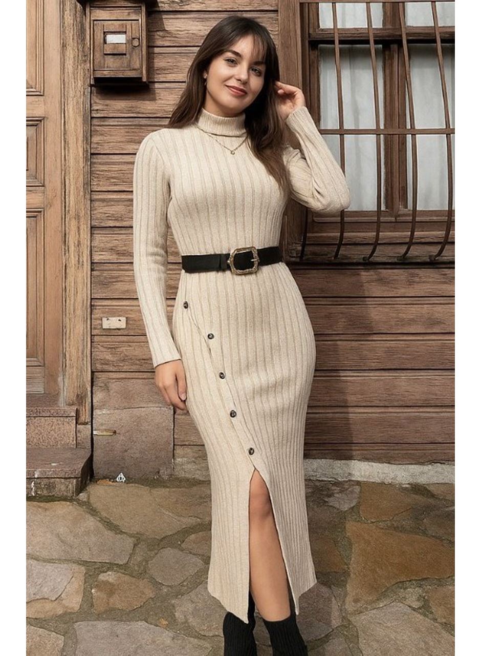 Kadın Uzun Kollu Balıkçı Yaka Yırtmaçlı Düğmeli şardonlu Kaşkorse Elbise