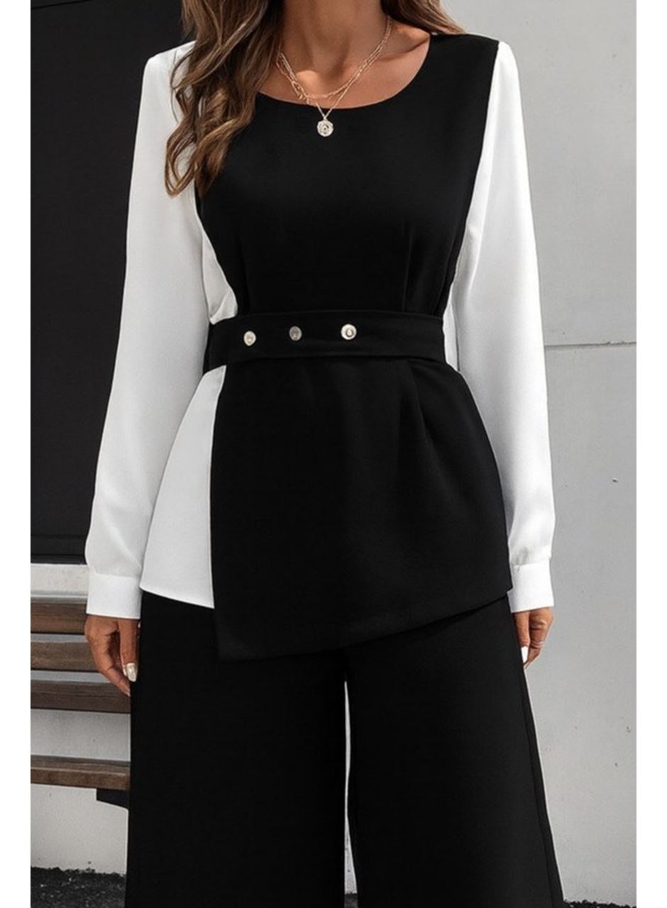Kadın Uzun Kollu Açık Yakalı çift Renkli Kemerli Ithal Krep Ikili Takım