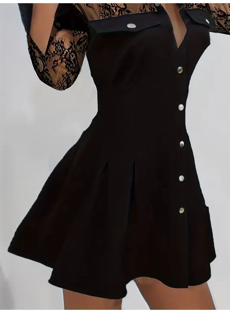 Kadın Uzun Kollu Yakalı önden Düğmeli Cep Detaylı Mini Modal Elbise