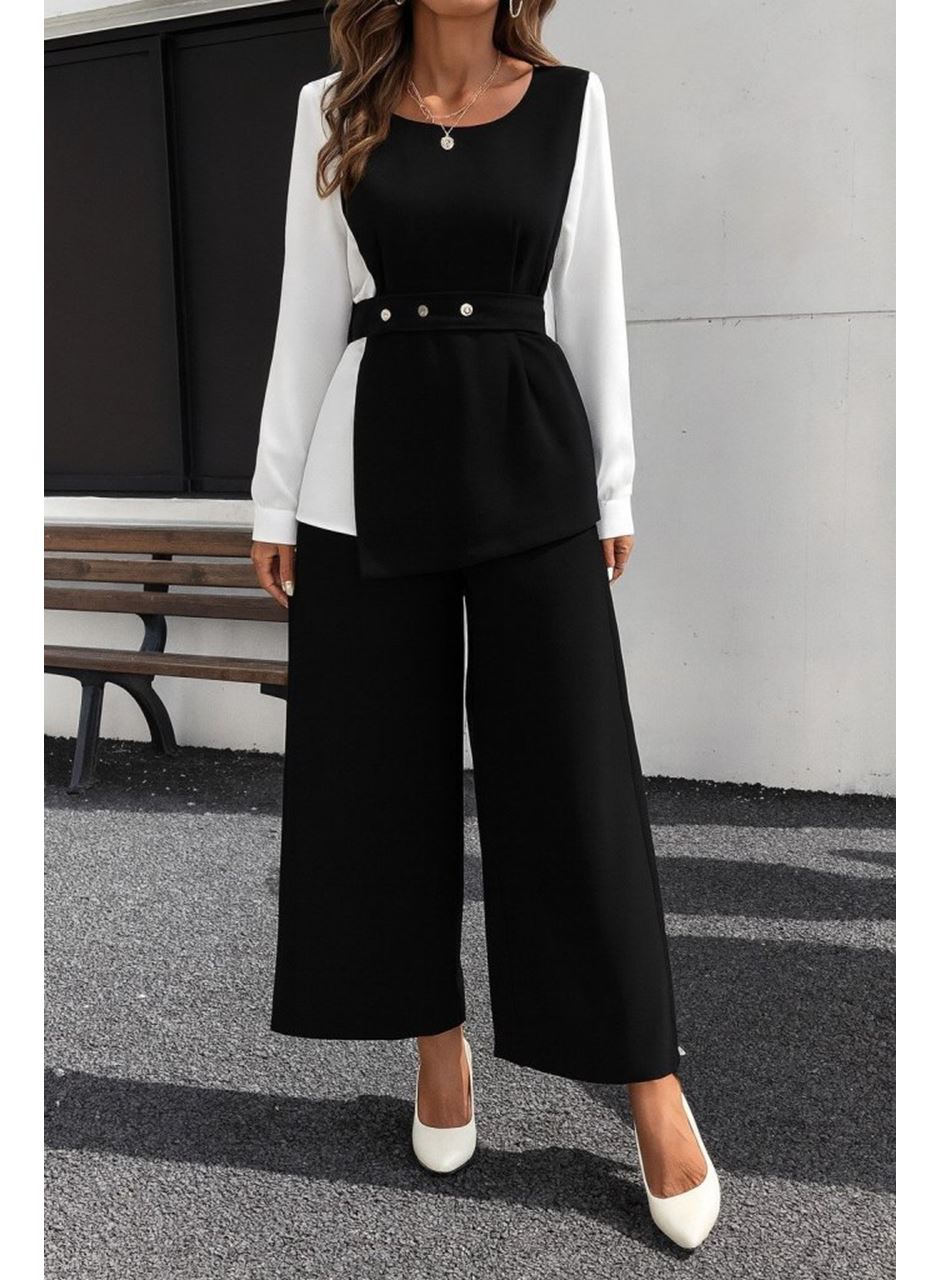 Kadın Uzun Kollu Açık Yakalı çift Renkli Kemerli Ithal Krep Ikili Takım