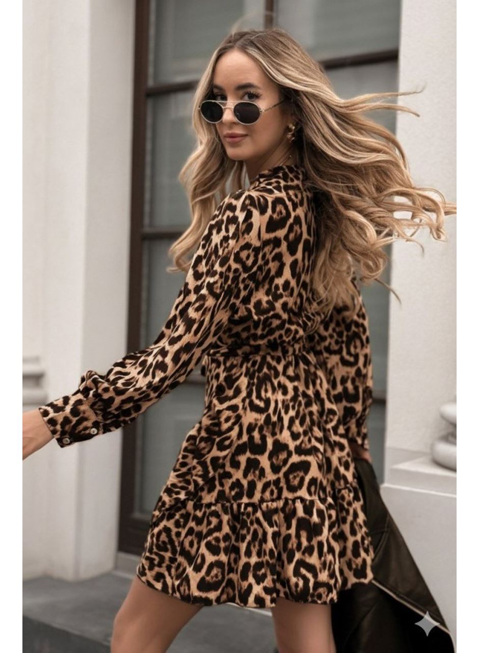 Kadın Uzun Kollu Kruvaze Yakalı Fırfırlı Belden Kuşaklı Leopar Desen Modal Elbise