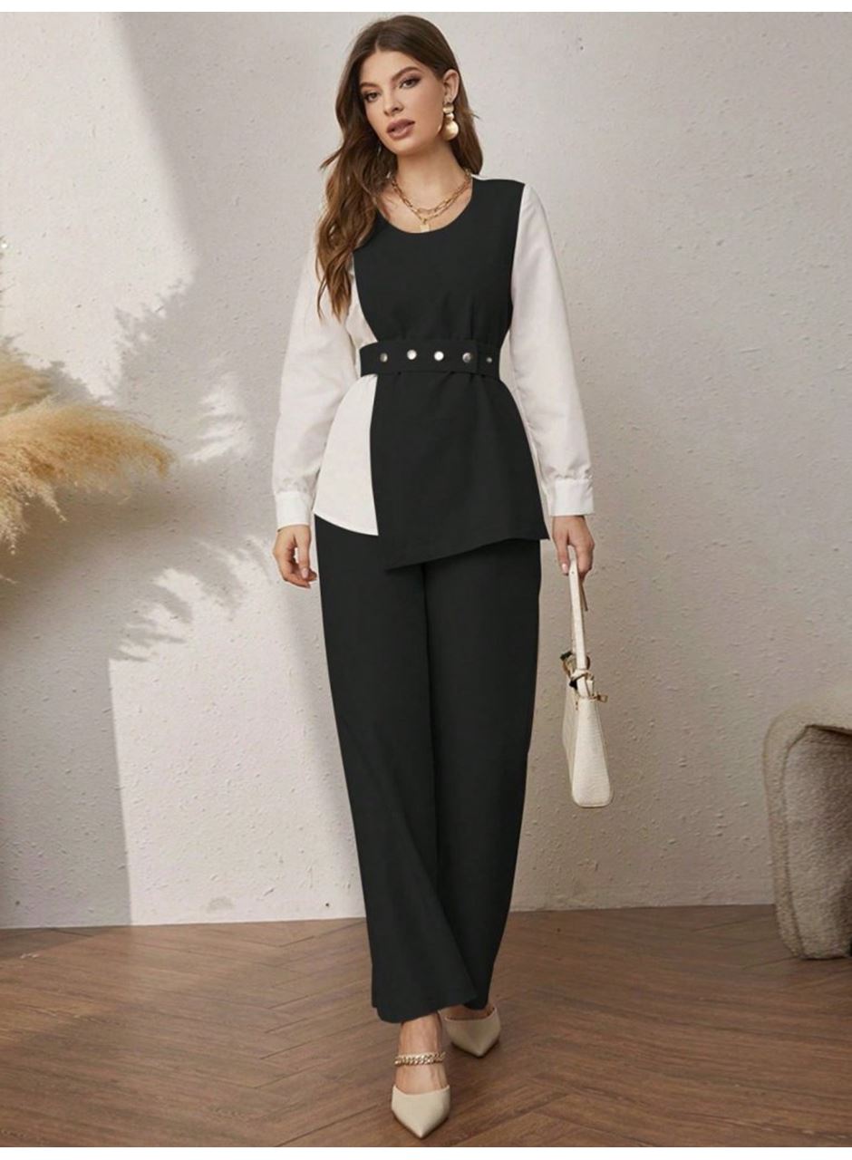 Kadın Uzun Kollu Açık Yakalı çift Renkli Kemerli Ithal Krep Ikili Takım