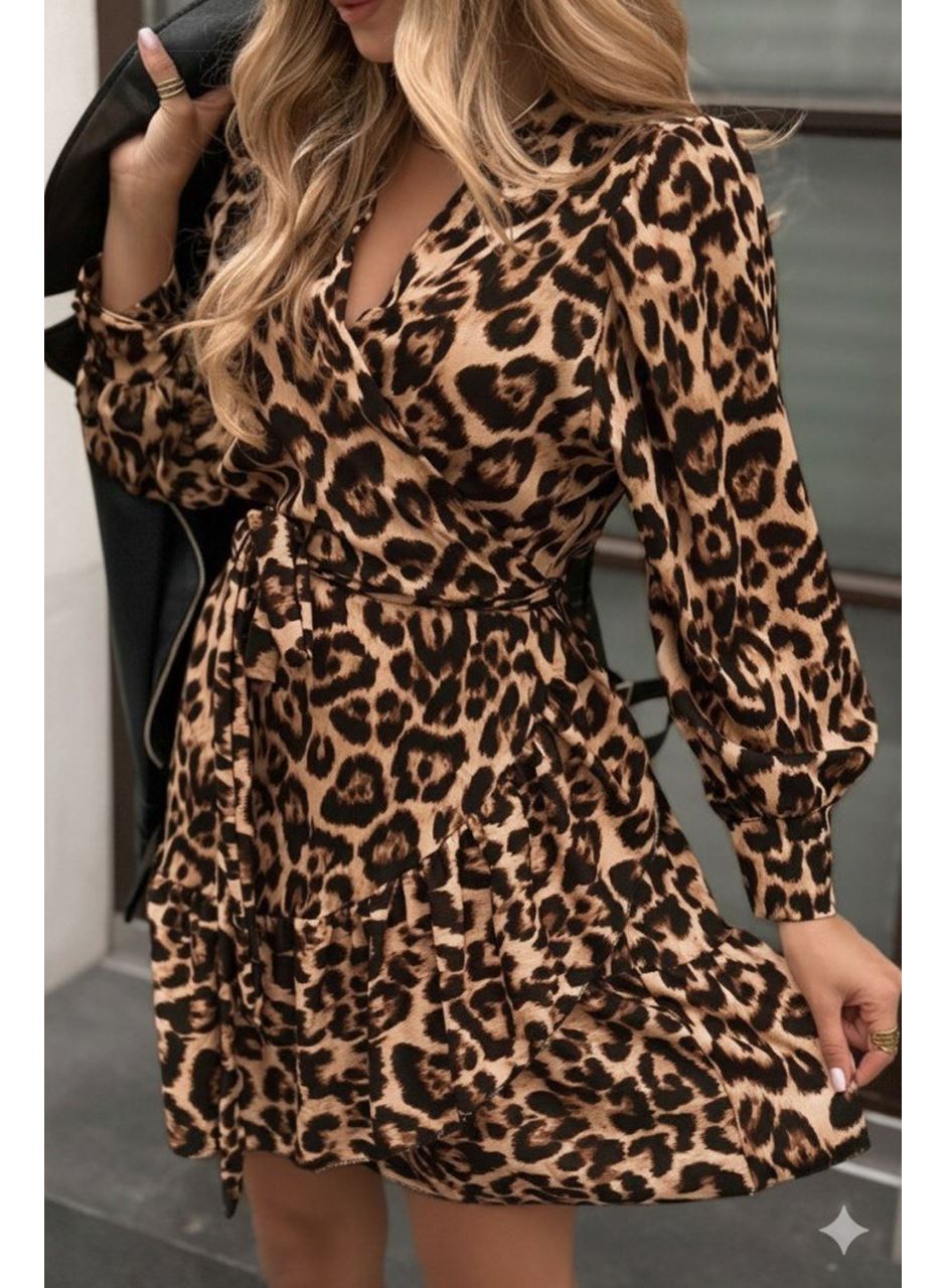 Kadın Uzun Kollu Kruvaze Yakalı Fırfırlı Belden Kuşaklı Leopar Desen Modal Elbise