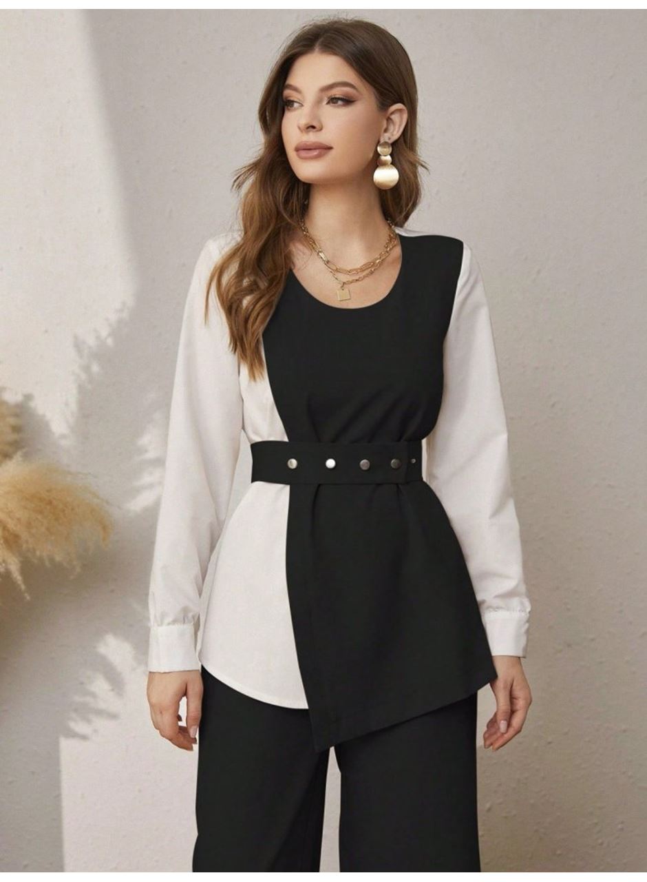 Kadın Uzun Kollu Açık Yakalı çift Renkli Kemerli Ithal Krep Ikili Takım