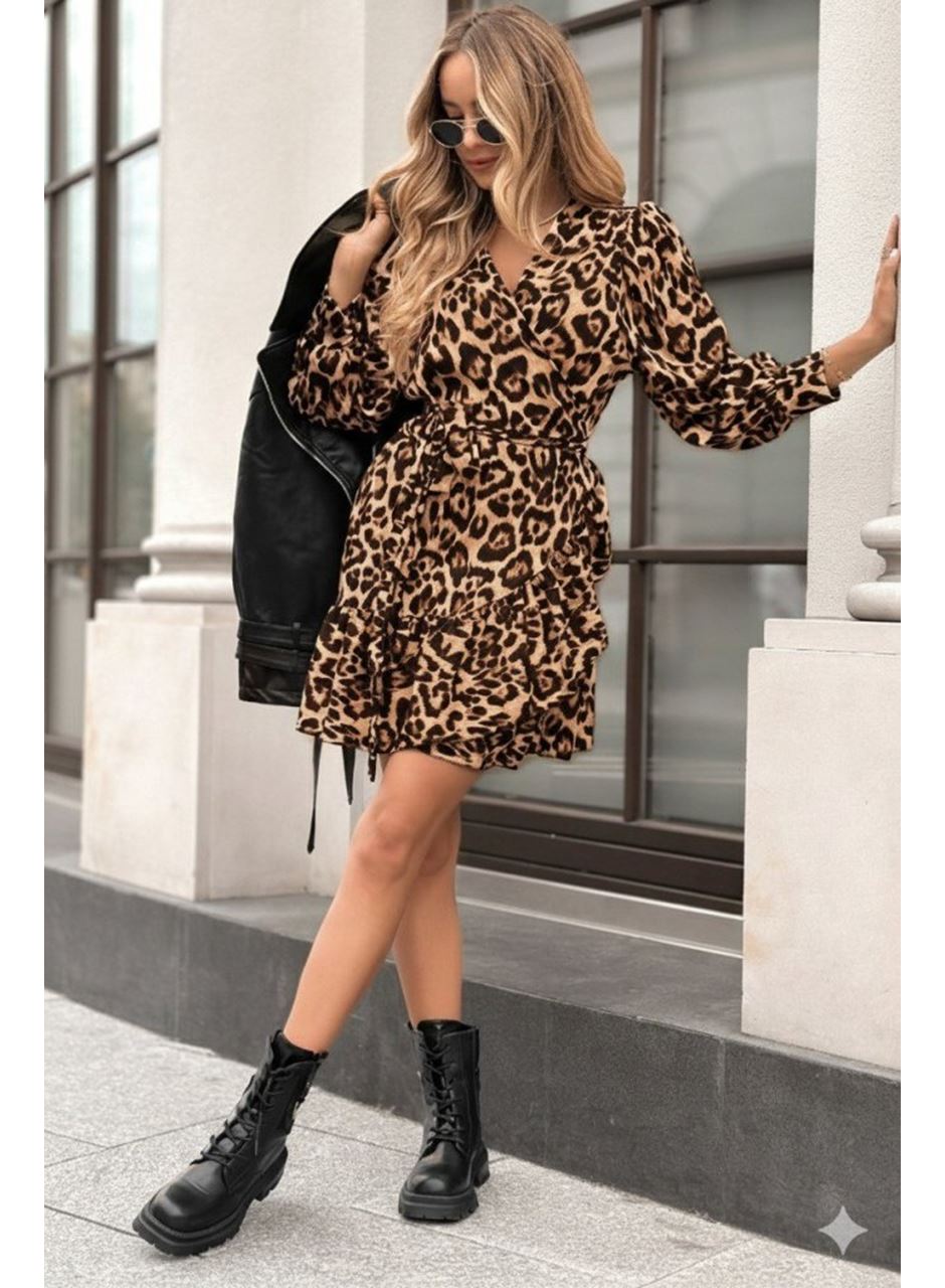 Kadın Uzun Kollu Kruvaze Yakalı Fırfırlı Belden Kuşaklı Leopar Desen Modal Elbise