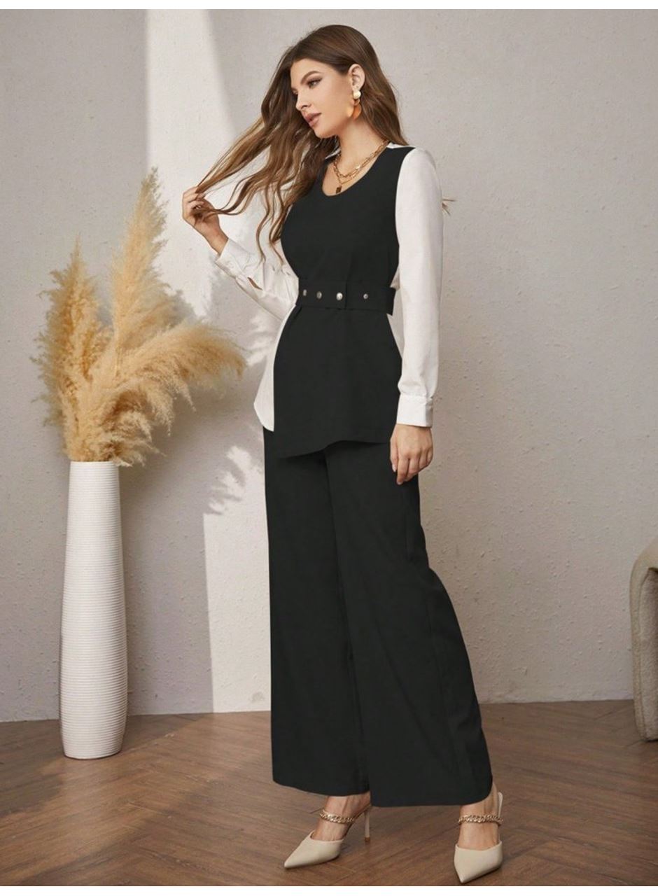 Kadın Uzun Kollu Açık Yakalı çift Renkli Kemerli Ithal Krep Ikili Takım