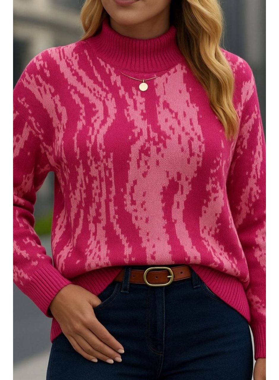 Kadın Uzun Kollu Balıkçı Yaka çok Renkli Triko Bluz