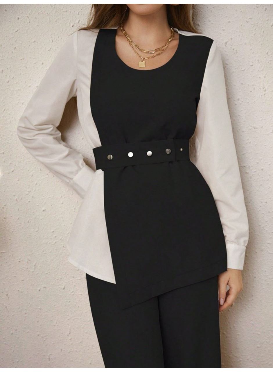 Kadın Uzun Kollu Açık Yakalı çift Renkli Kemerli Ithal Krep Ikili Takım