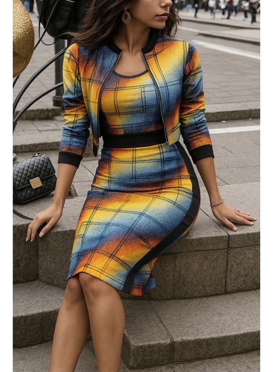 Kadın Uzun Kollu Askılı Yuvarlak Yaka Desenli Dalgıç Bluz Ceket Ve Etek üçlü Takım