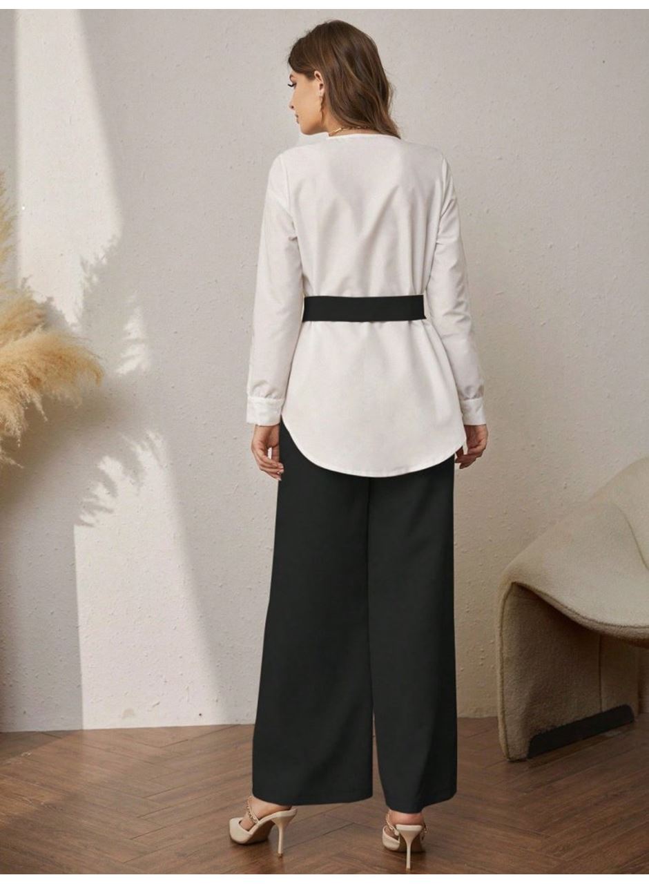 Kadın Uzun Kollu Açık Yakalı çift Renkli Kemerli Ithal Krep Ikili Takım