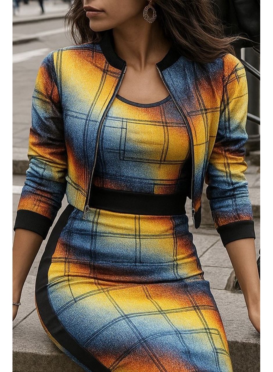 Kadın Uzun Kollu Askılı Yuvarlak Yaka Desenli Dalgıç Bluz Ceket Ve Etek üçlü Takım