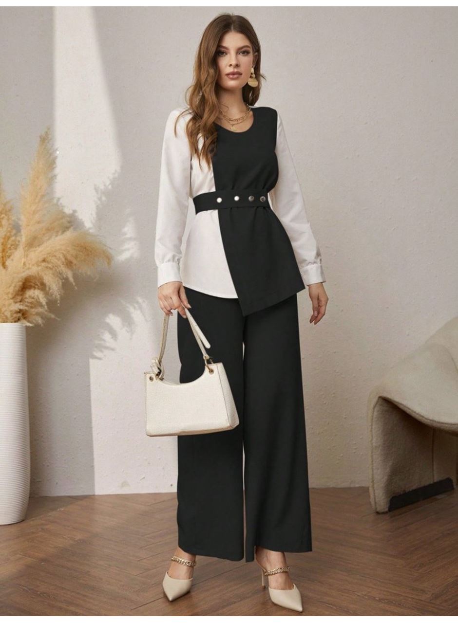 Kadın Uzun Kollu Açık Yakalı çift Renkli Kemerli Ithal Krep Ikili Takım