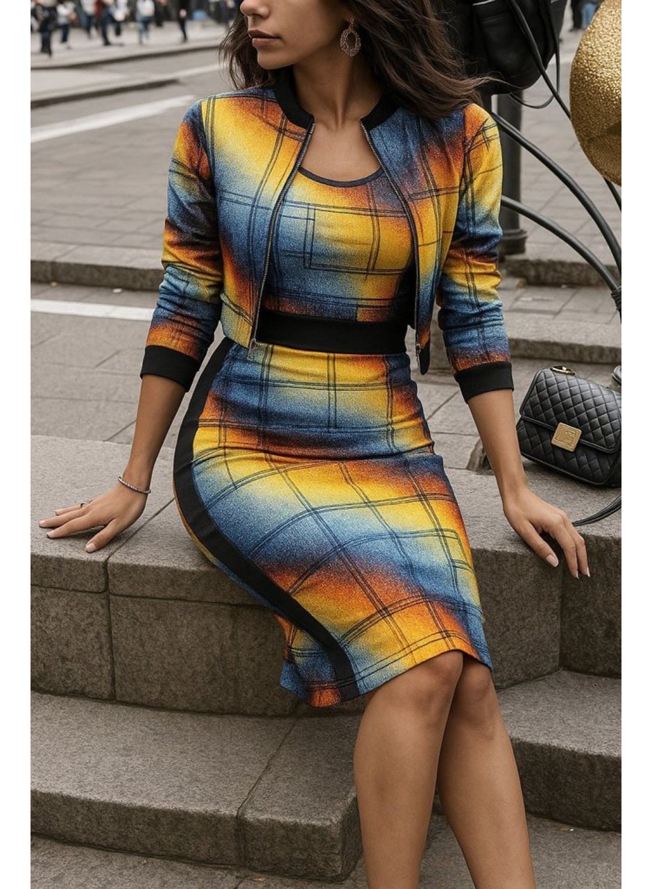 Kadın Uzun Kollu Askılı Yuvarlak Yaka Desenli Dalgıç Bluz Ceket Ve Etek üçlü Takım
