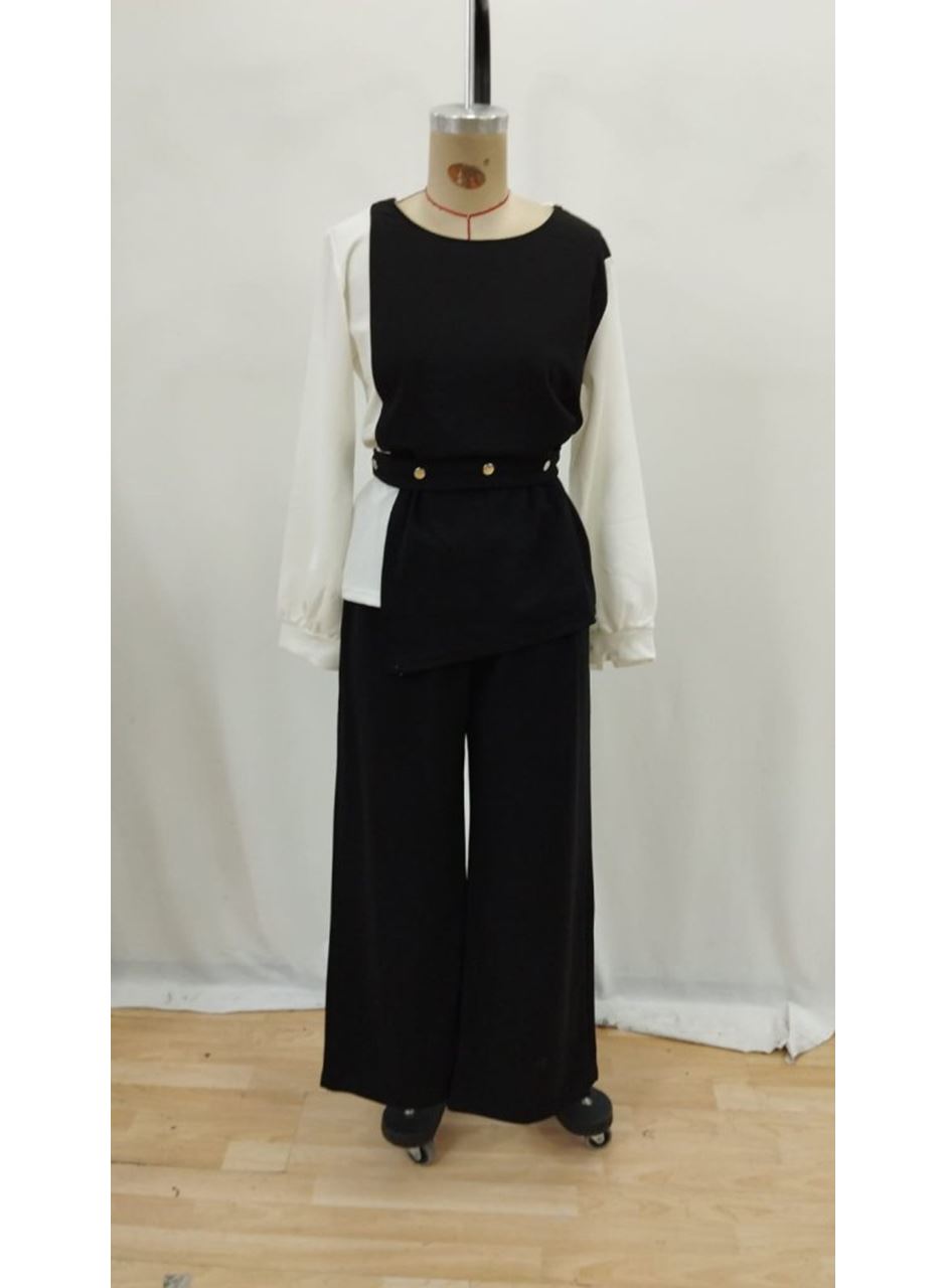 Kadın Uzun Kollu Açık Yakalı çift Renkli Kemerli Ithal Krep Ikili Takım