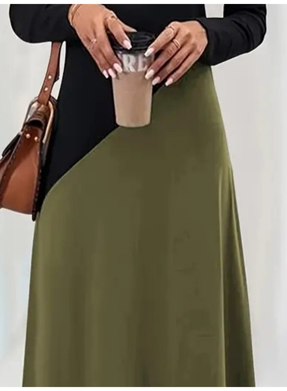 Kadın Uzun Kollu V Yakalı Blok Desenli Viskon Elbise