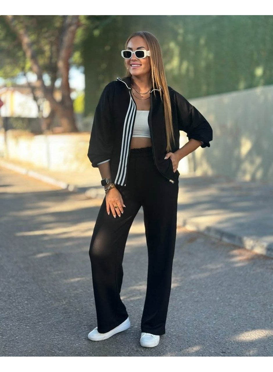 Kadın Uzun Kollu Kapşonlu Onu şerit Detaylı Fermuarlı Viskon Iki Iplik Bluz Ve Pantolon Ikili Takım