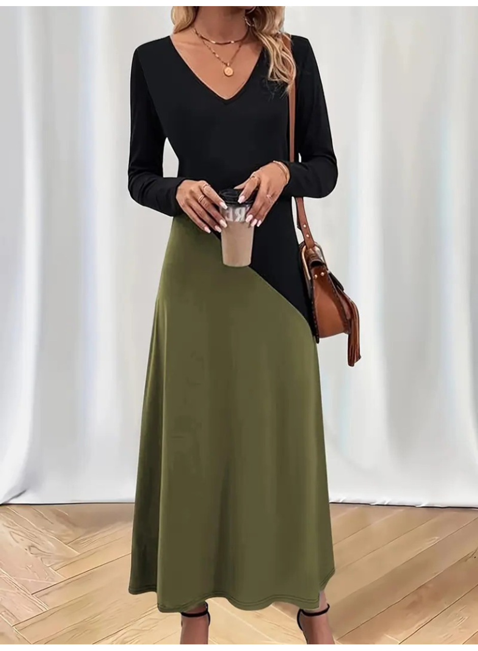 Kadın Uzun Kollu V Yakalı Blok Desenli Viskon Elbise