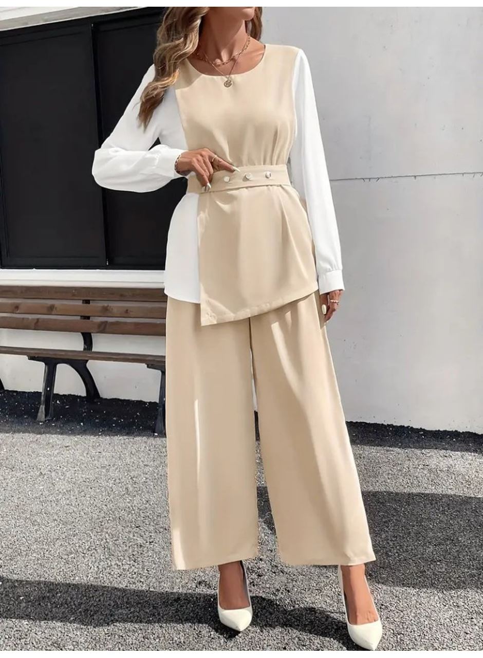 Kadın Uzun Kollu Açık Yakalı çift Renkli Kemerli Ithal Krep Ikili Takım