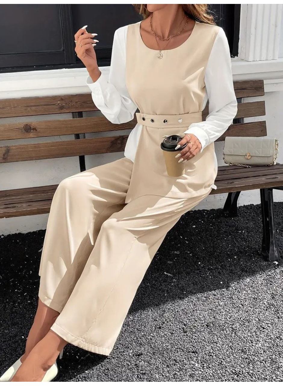 Kadın Uzun Kollu Açık Yakalı çift Renkli Kemerli Ithal Krep Ikili Takım