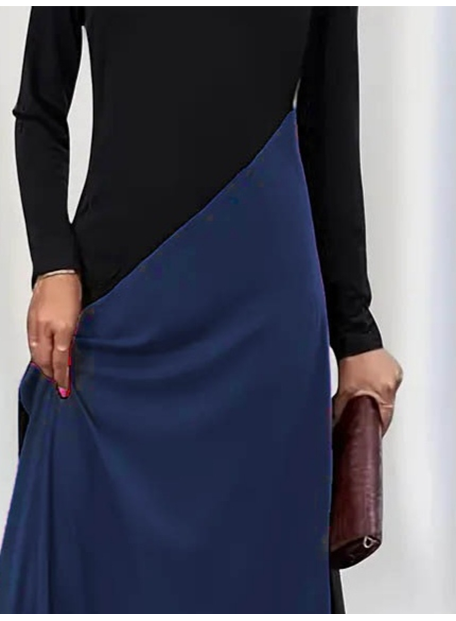 Kadın Uzun Kollu V Yakalı Blok Desenli Viskon Elbise