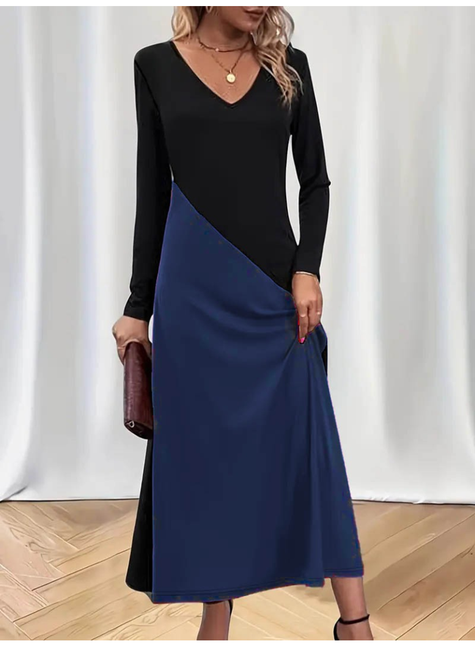 Kadın Uzun Kollu V Yakalı Blok Desenli Viskon Elbise