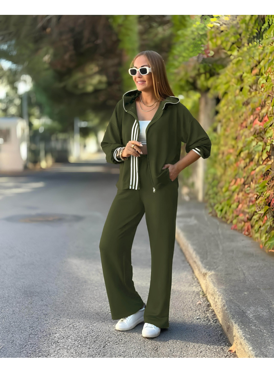 Kadın Uzun Kollu Kapşonlu Onu şerit Detaylı Fermuarlı Viskon Iki Iplik Bluz Ve Pantolon Ikili Takım