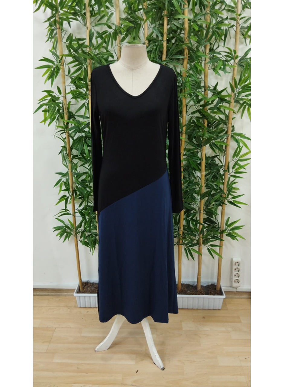 Kadın Uzun Kollu V Yakalı Blok Desenli Viskon Elbise