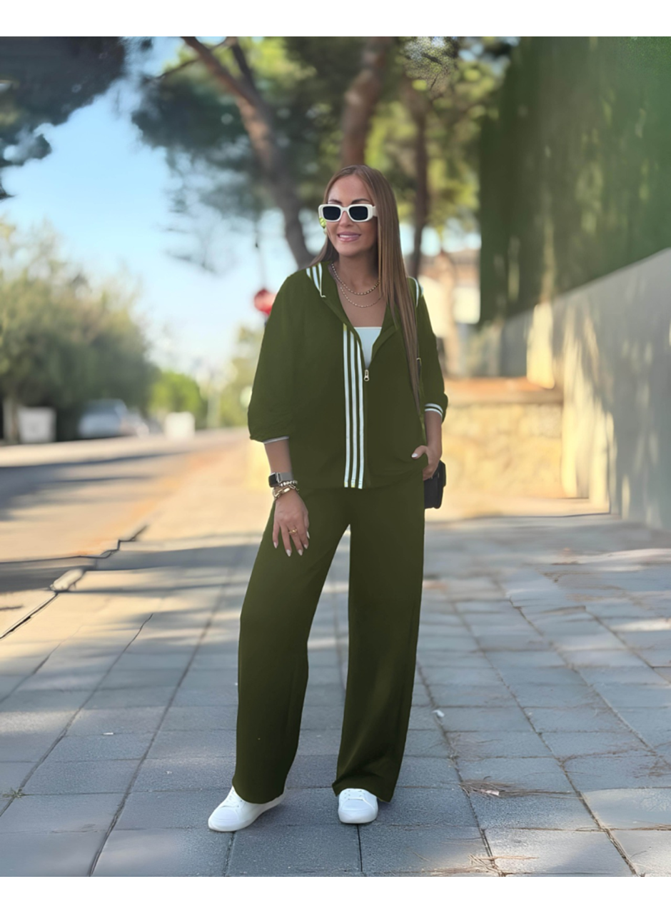 Kadın Uzun Kollu Kapşonlu Onu şerit Detaylı Fermuarlı Viskon Iki Iplik Bluz Ve Pantolon Ikili Takım