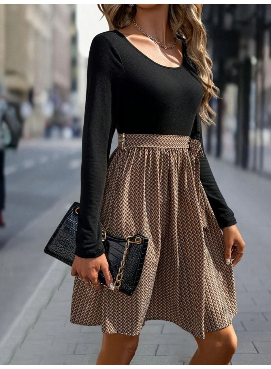 Kadın Uzun Kollu Yuvarlak Yaka üst Viskon Alt Süprem Midi Elbise