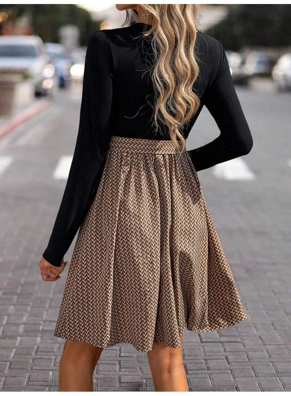 Kadın Uzun Kollu Yuvarlak Yaka üst Viskon Alt Süprem Midi Elbise