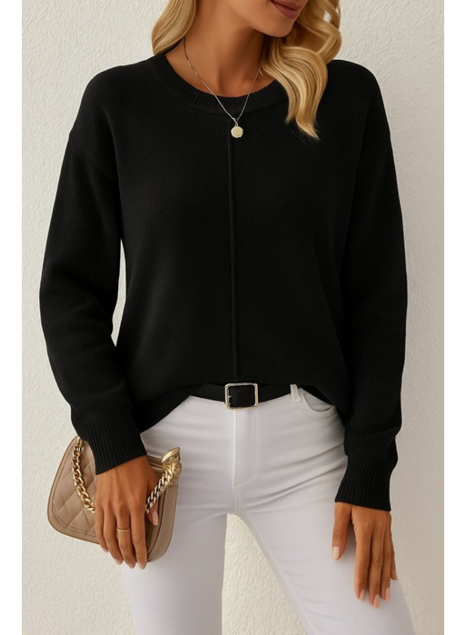 Kadın Uzun Kollu Bisiklet Yaka Düşük Omuz Detaylı Triko Bluz