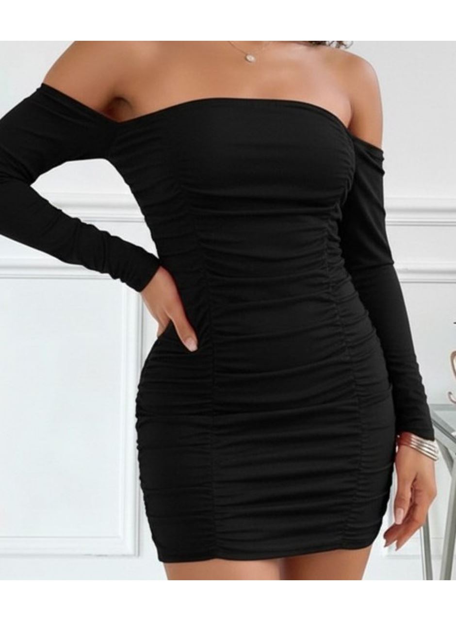 Kadın Uzun Kollu Omuzlardan Açık Takma Kollu Büzgülü Sandy Kısa Elbise