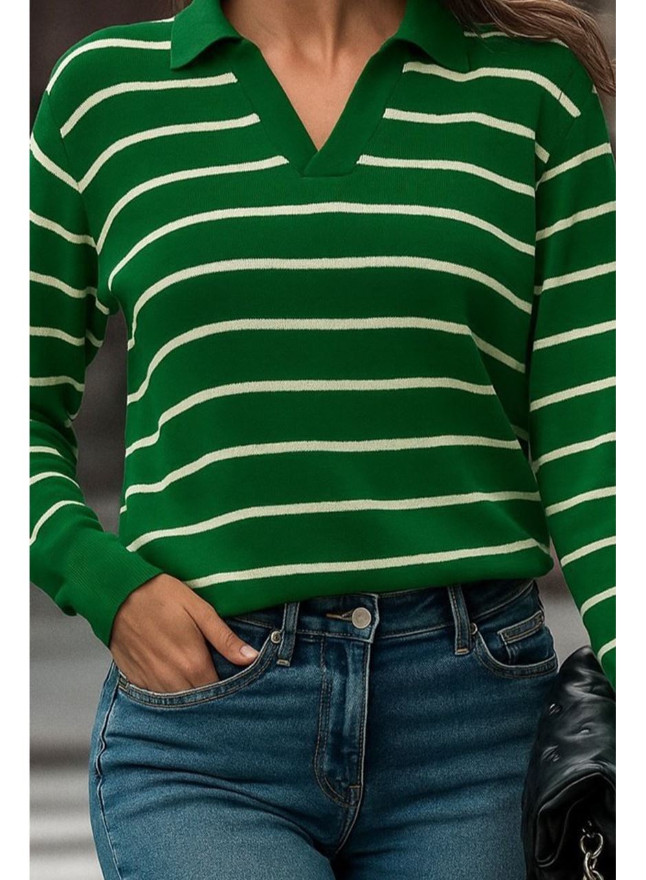 Kadın Uzun Kollu V Yaka çizgili Triko Bluz