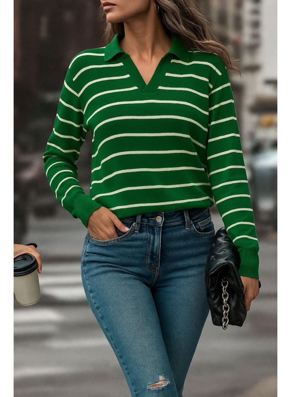 Kadın Uzun Kollu V Yaka çizgili Triko Bluz