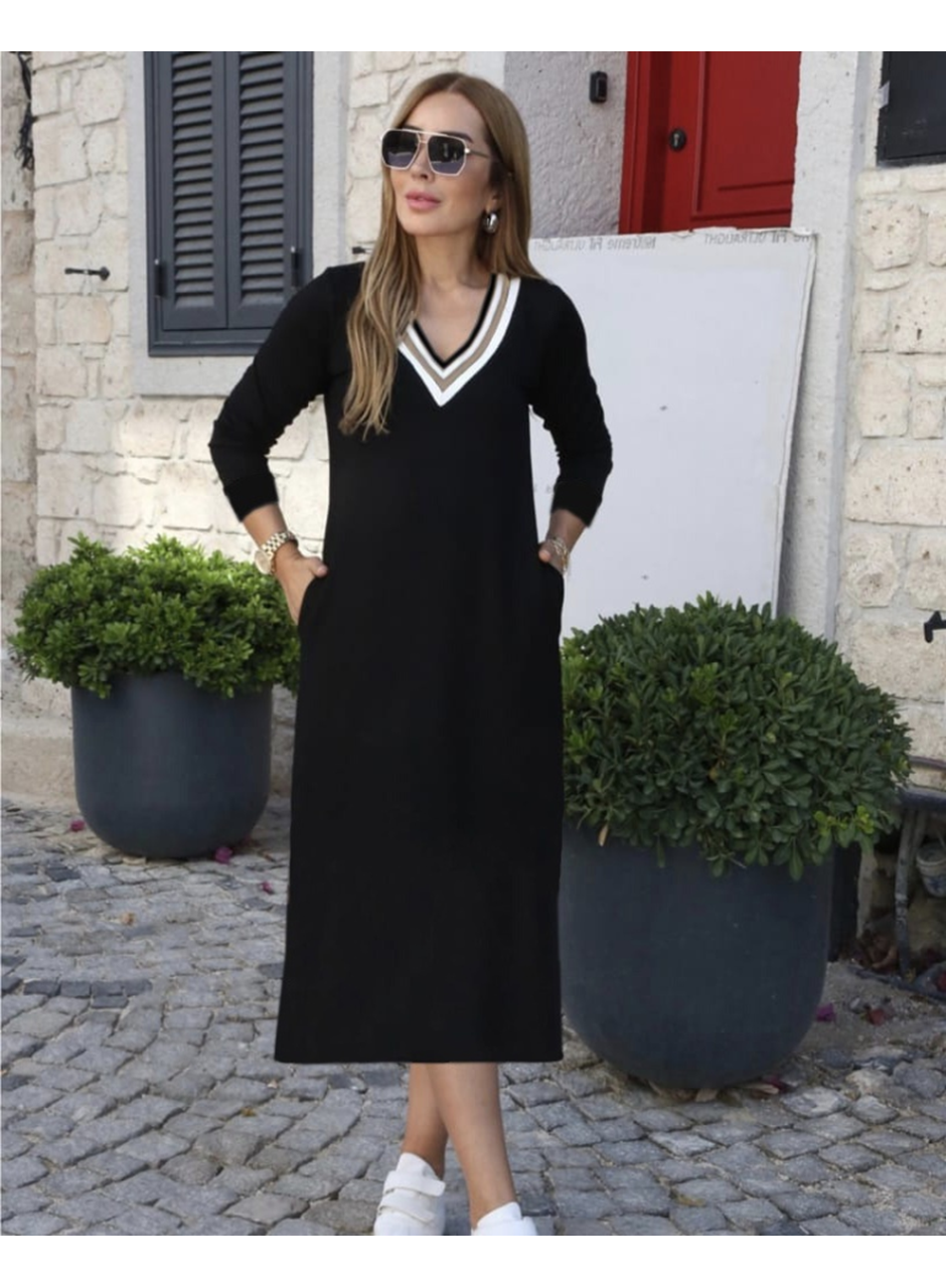 Kadın Uzun Kollu V şerit Yakalı Viskon Iki Iplik Elbise