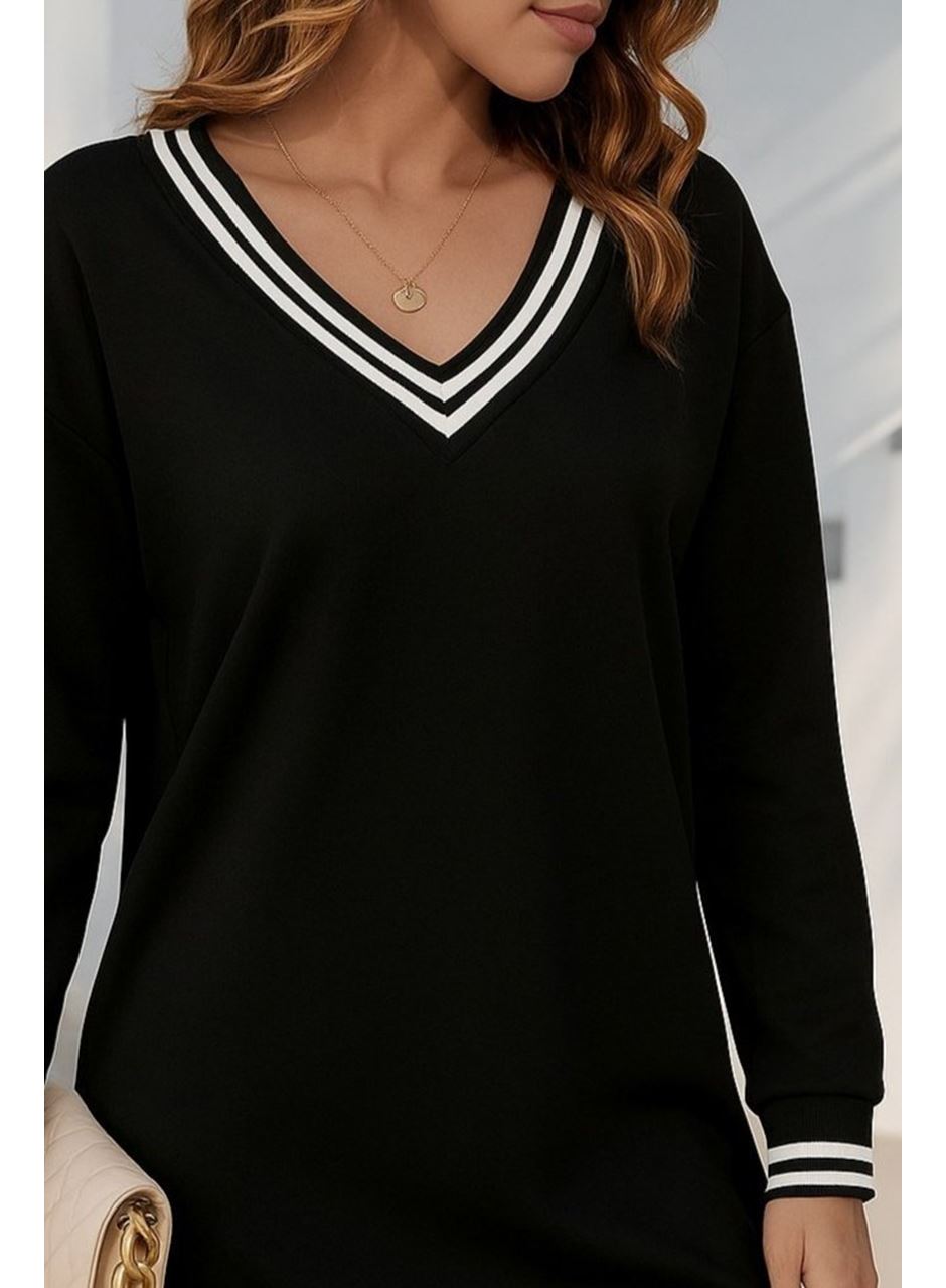 Kadın Uzun Kollu V Yakalı şerit Detaylı Kısa Viskon Iki Iplik Elbise