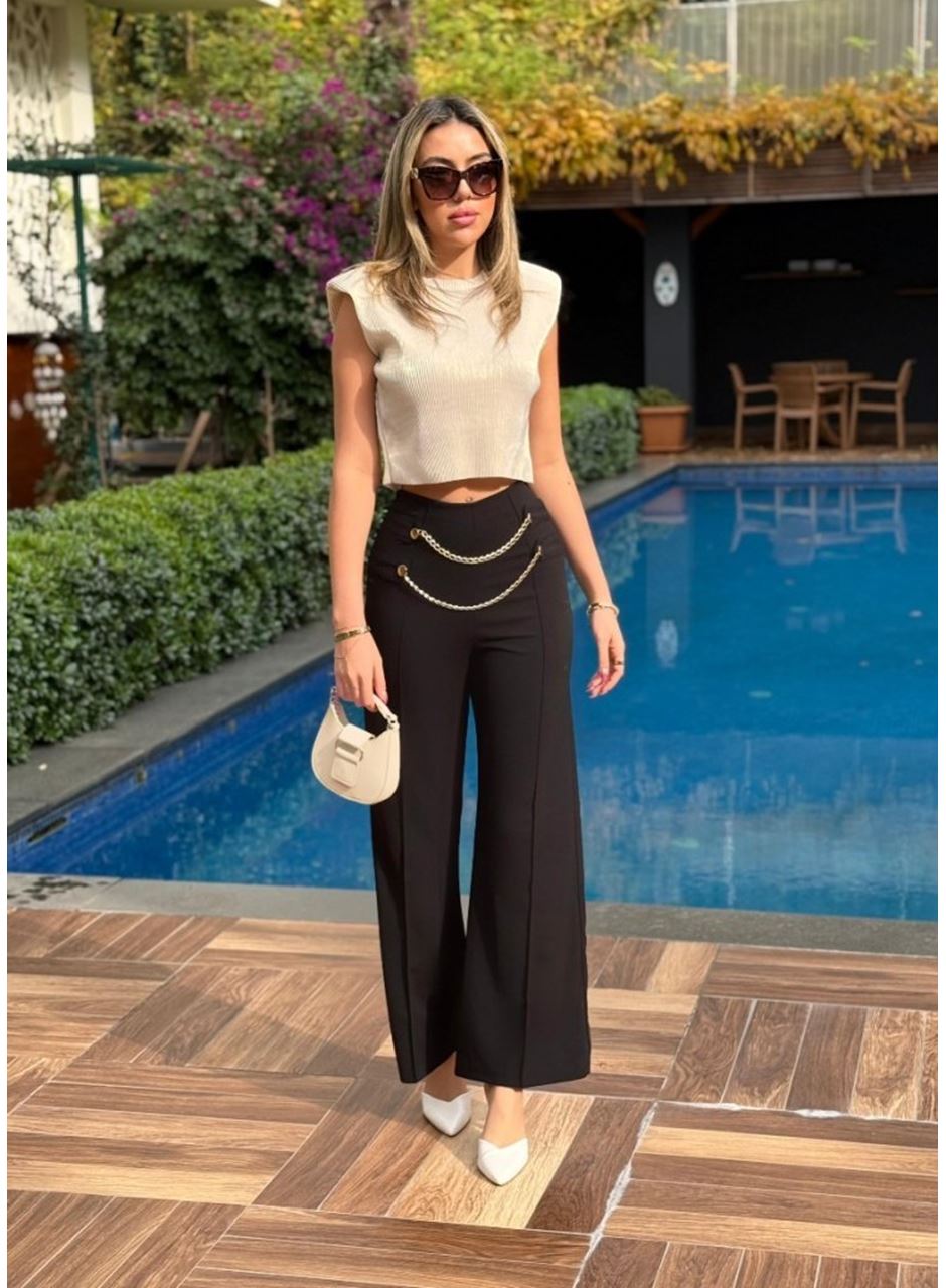 Kadın Beli Zincir Detay Ithal Krep Pantolon