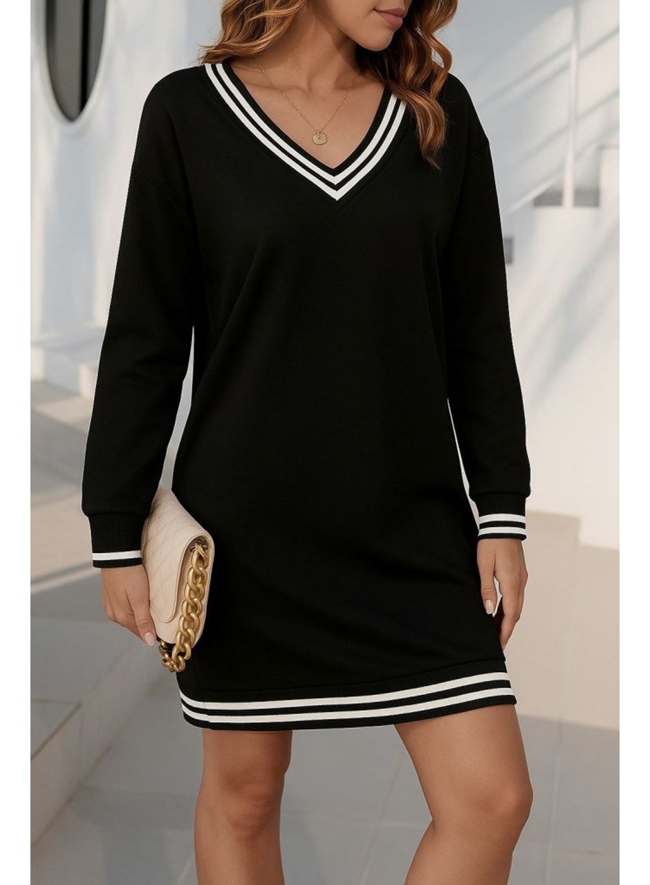Kadın Uzun Kollu V Yakalı şerit Detaylı Kısa Viskon Iki Iplik Elbise
