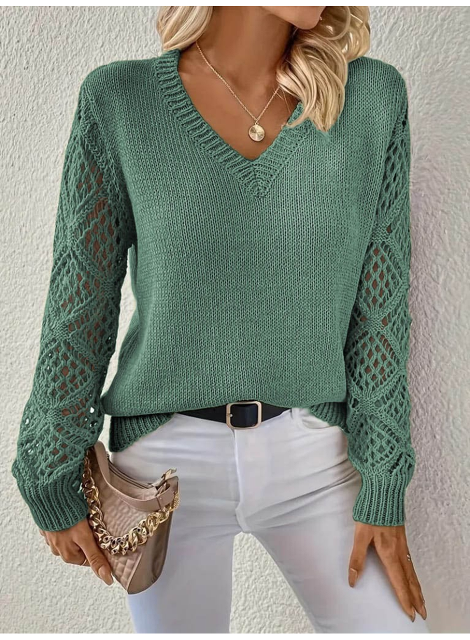 Kadın Uzun Kollu V Yaka Kol Delikli Baklava Desen Detaylı Triko Kazak